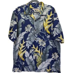 Tommy‎ Bahama 100% Silk Hawaiian Shirt Mens Large Blue Parrot Floral Resortwear